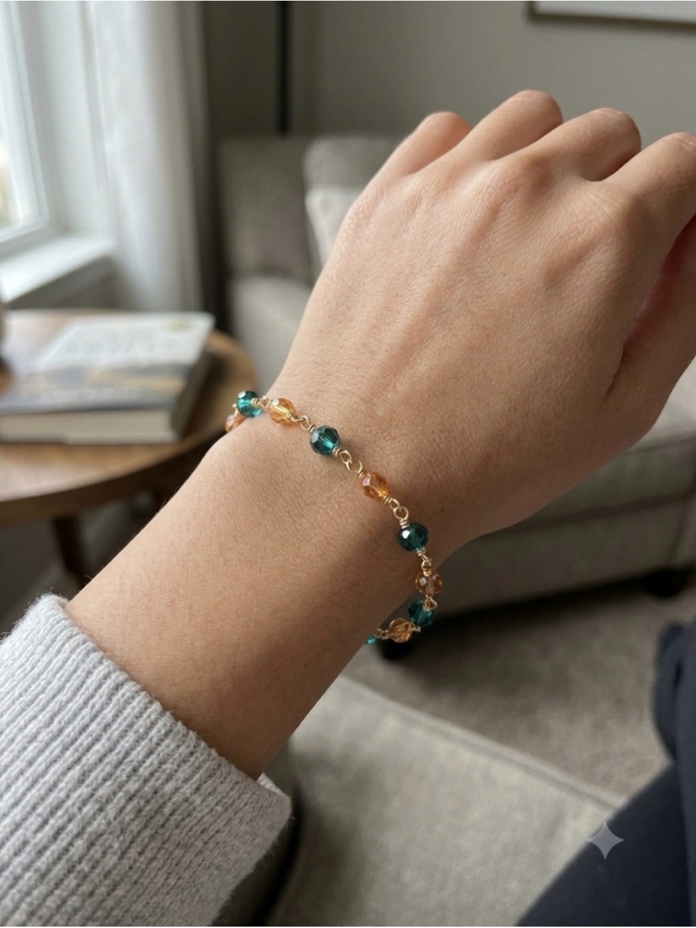 Wired wrap Teal Crystal and Orange Glass Bracelet